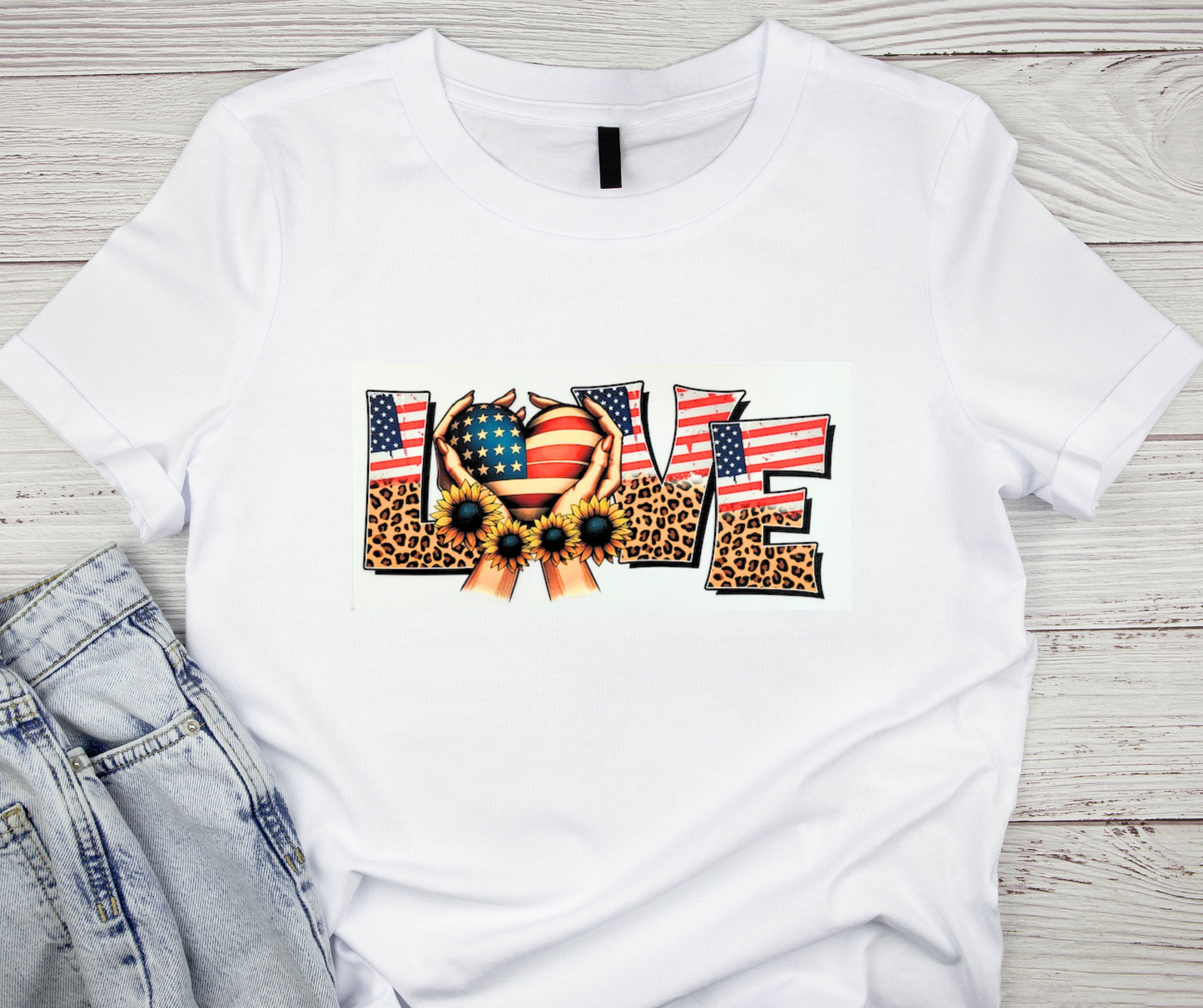 American Flag with leopard print "LOVE" - Tshirt