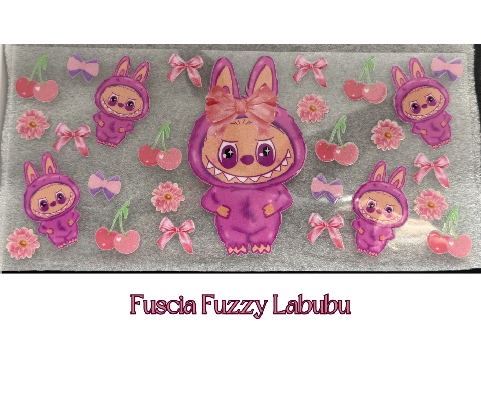 Fushia Fuzzy Labubu w/ cherries & bows- 16oz UVDTF cup wrap