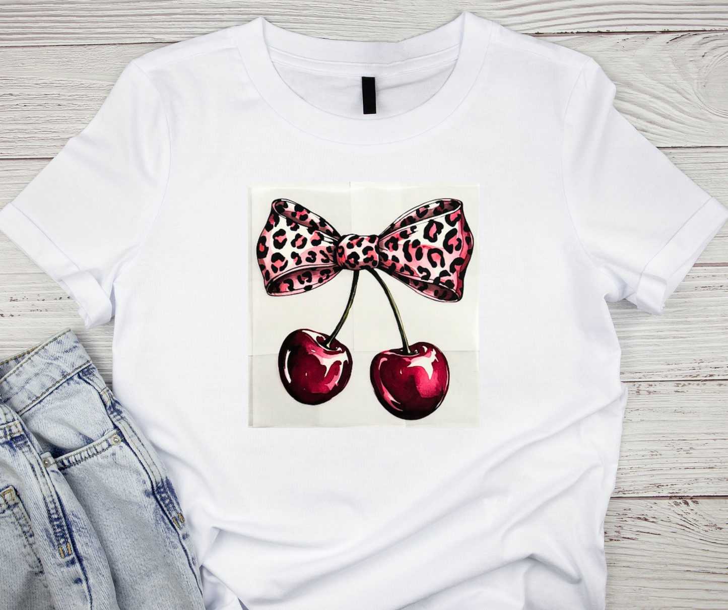 Pink Leopard Print Bow w/ hanging Cherry Tshirt