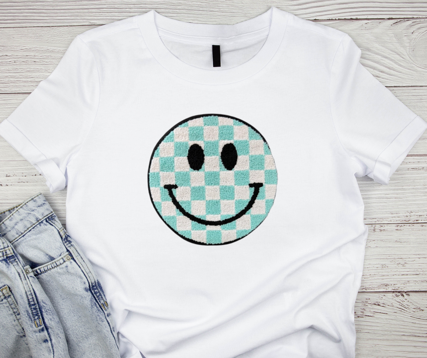 Checkered Minty Blue Smiley Iron On Patch