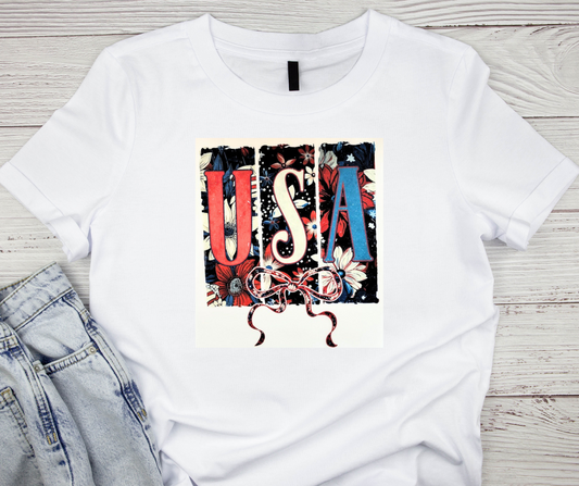 "USA" Red/White/Blue floral and bow - Tshirt