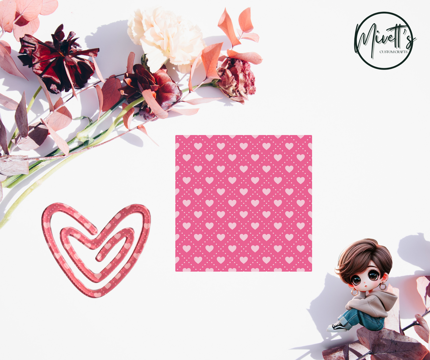 3.1 x 2.7 Acrylic Jumbo Paperclip - HK Pink Heart with light pink mini hearts