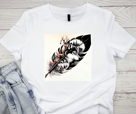 Native inspired feathers with wolves, bears and dear - Tshirt