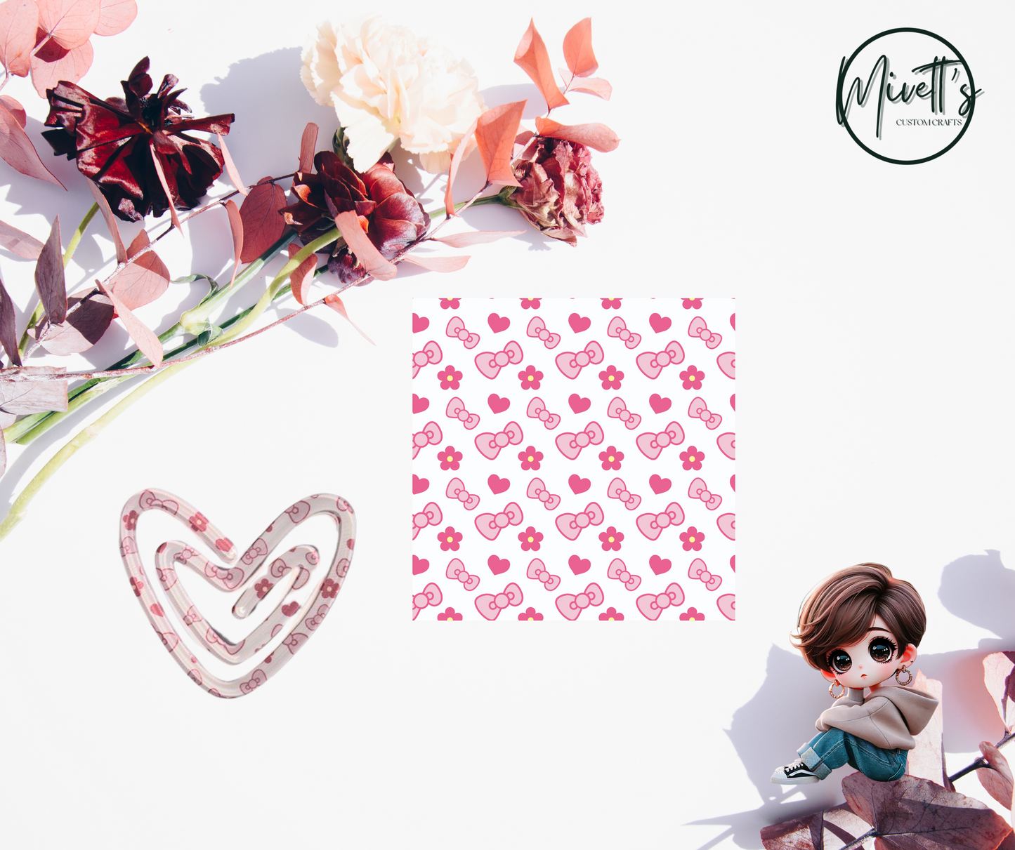 3.1 x 2.7 Acrylic Jumbo Paperclip - HK White heart with pink bows and flowers