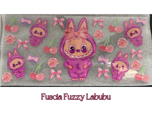 Fushia Fuzzy Labubu w/ cherries & bows- 16oz UVDTF cup wrap