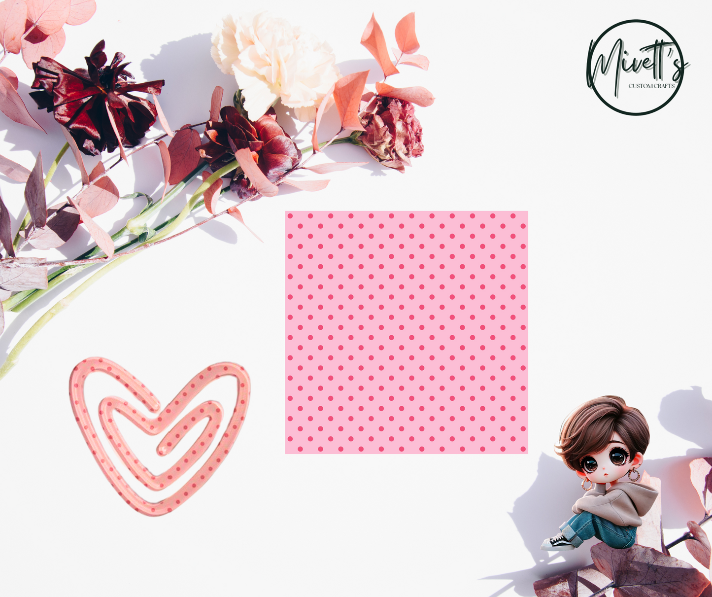 3.1 x 2.7 Acrylic Jumbo Paperclip - HK Light pink with dark pink polka dots