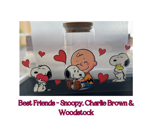 Best Friends - Charlie Brown & Snoopy & Woodstock 16oz glass cup w/ lid and straw
