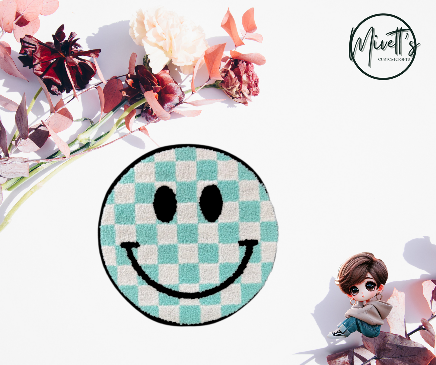 Checkered Minty Blue Smiley Iron On Patch
