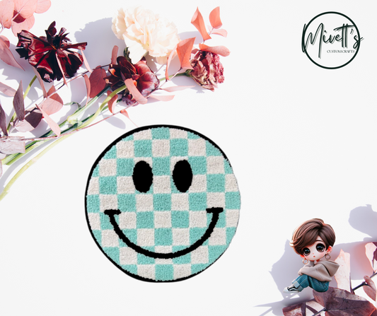 Checkered Minty Blue Smiley Iron On Patch