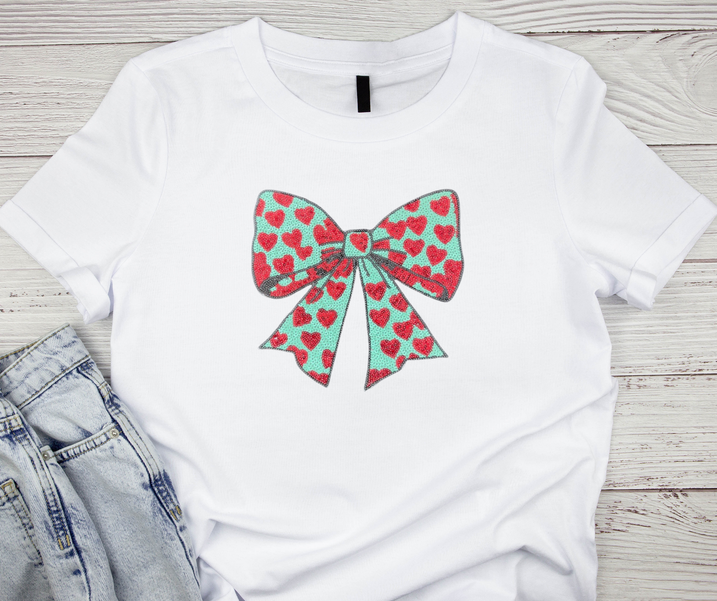 Mint Green & Red Hearts Bow Iron On Patch