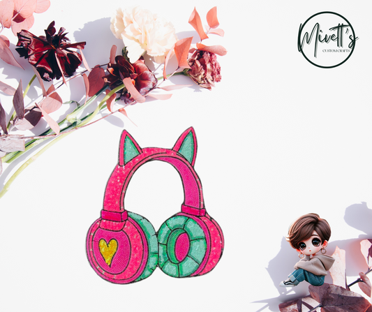 Hot Pink Cat Ears Headphones Iron On Patch