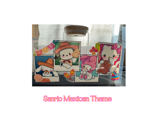 Mexican Theme Sanrio Friends - 16oz glass cup w/ lid and straw