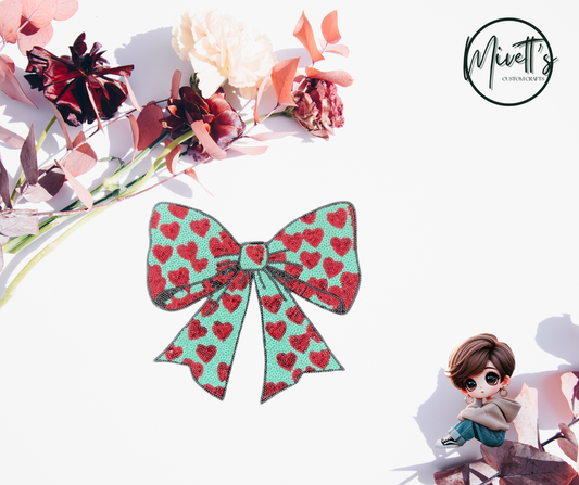 Mint Green & Red Hearts Bow Iron On Patch