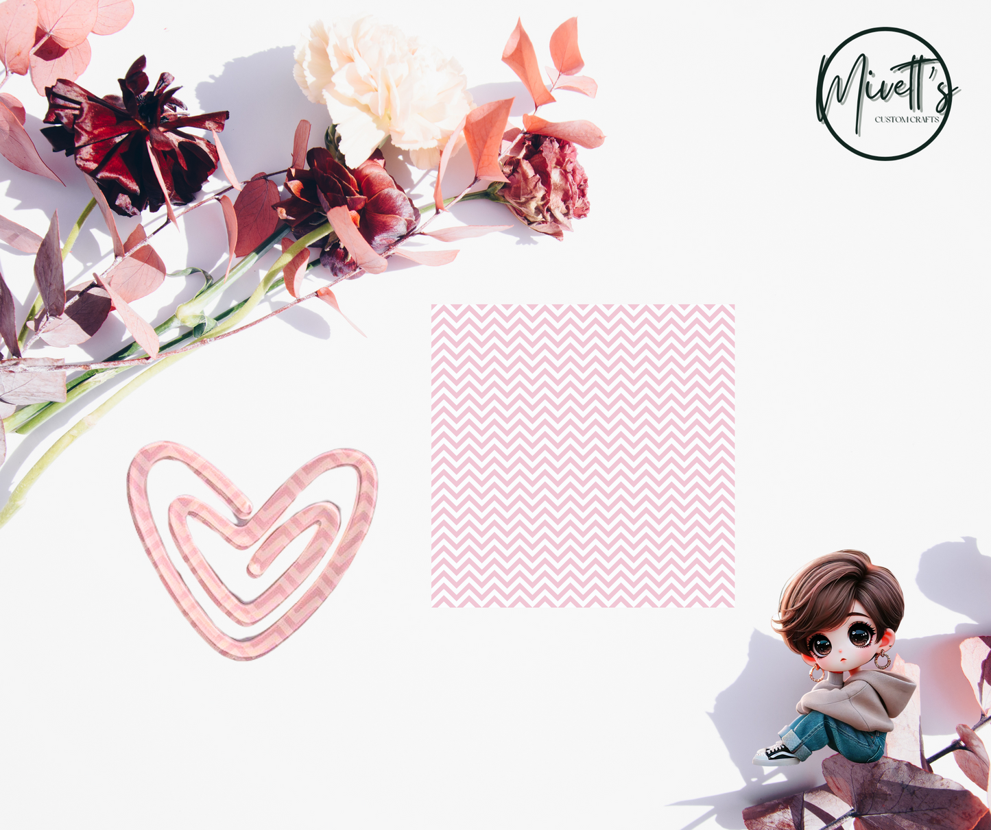 3.1 x 2.7 Acrylic Jumbo Paperclip - HK White heart with pink chevron