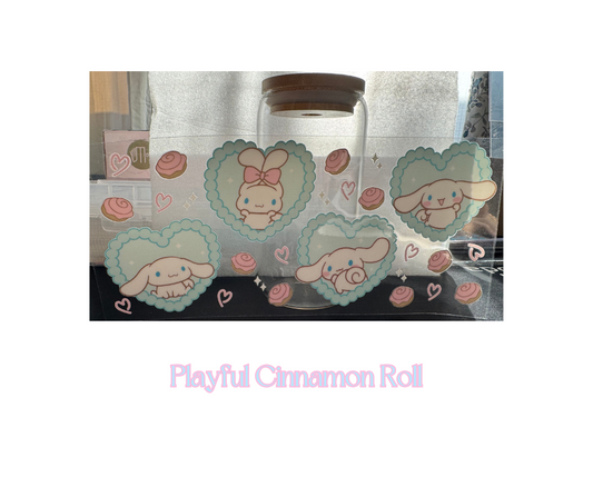 Playful Cinnamon Roll - 16oz glass cup w/ lid and straw