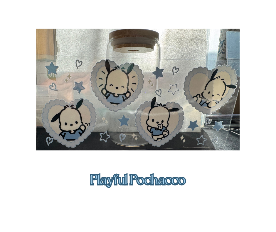 Playful Pochacco - 16oz glass cup w/ lid and straw