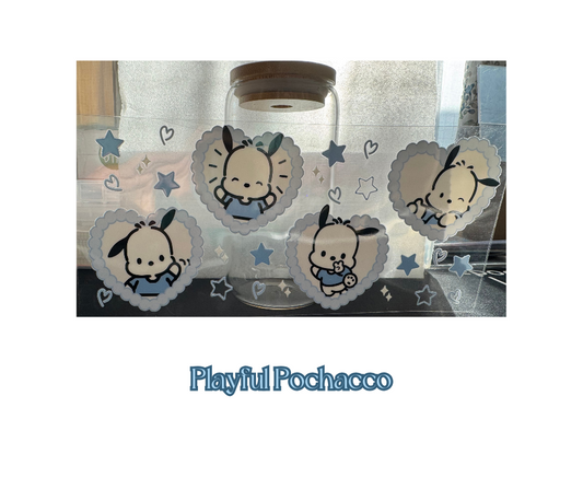 Playful Pochacco - 16oz glass cup w/ lid and straw