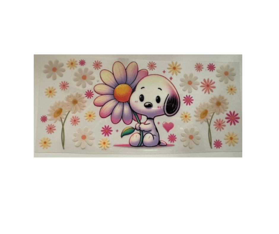 Spring Flowers & Snoopy - 16oz glass cup w/ lid and straw