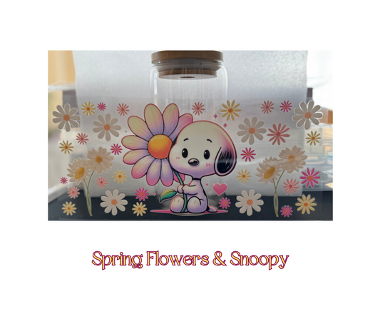 Spring Flowers & Snoopy - 16oz glass cup w/ lid and straw